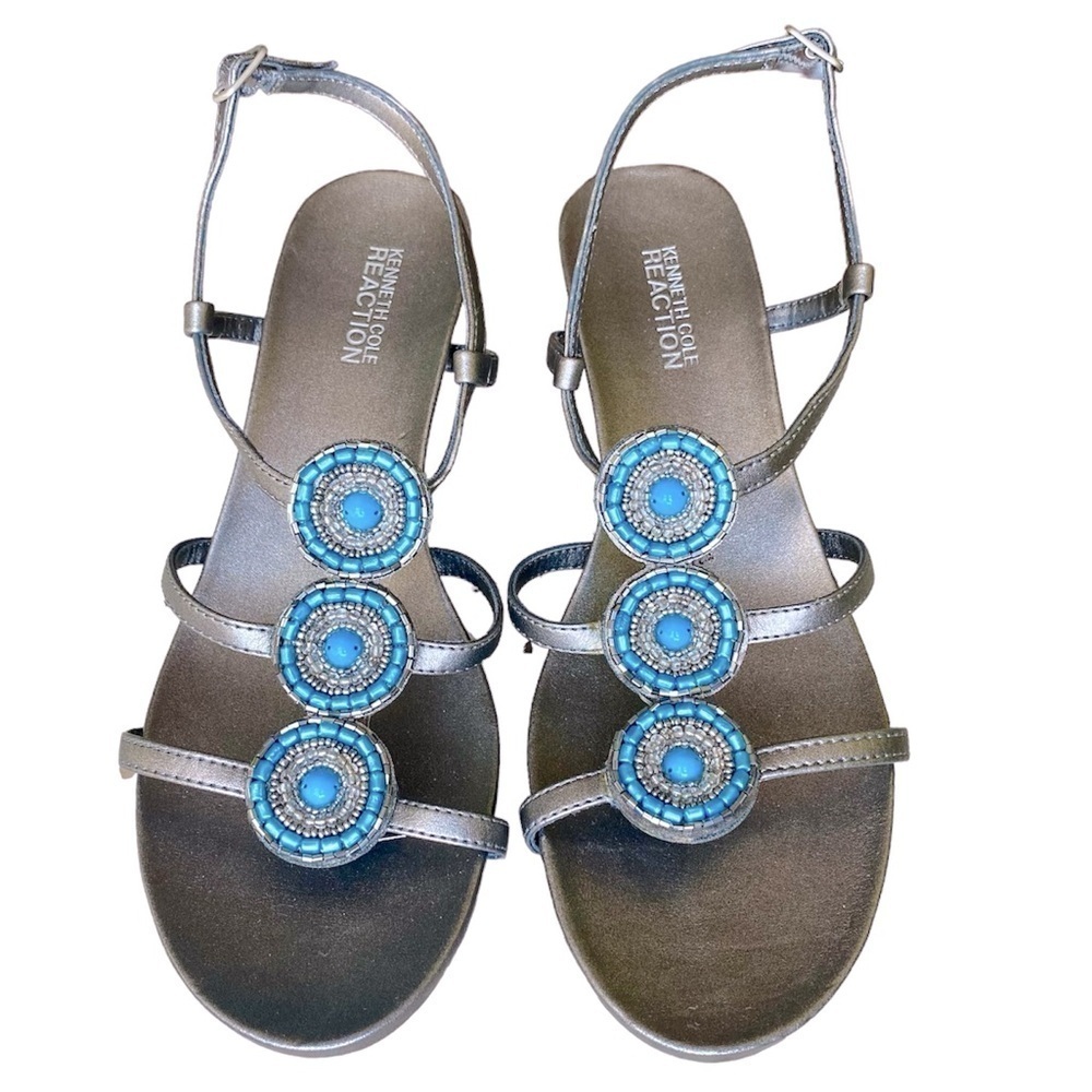 KENNETH COLE Reaction Strap Wedge Sandals Pewter Turquoise Beads Womens Size 8